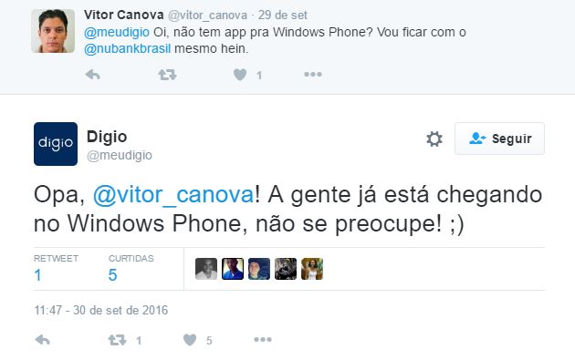 digio confirma app para windows phone/windows 10 no Twitter